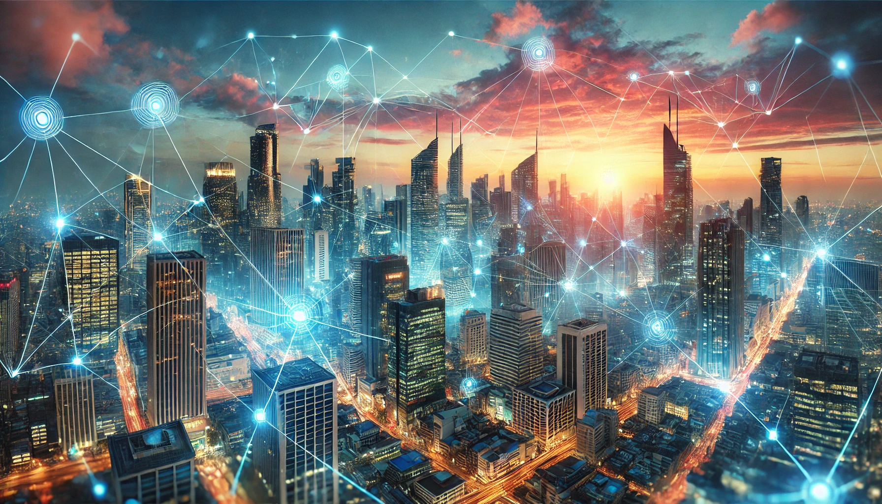 未来的な都市景観。高層ビル群と夕焼け空、デジタルネットワークの光が織りなす風景